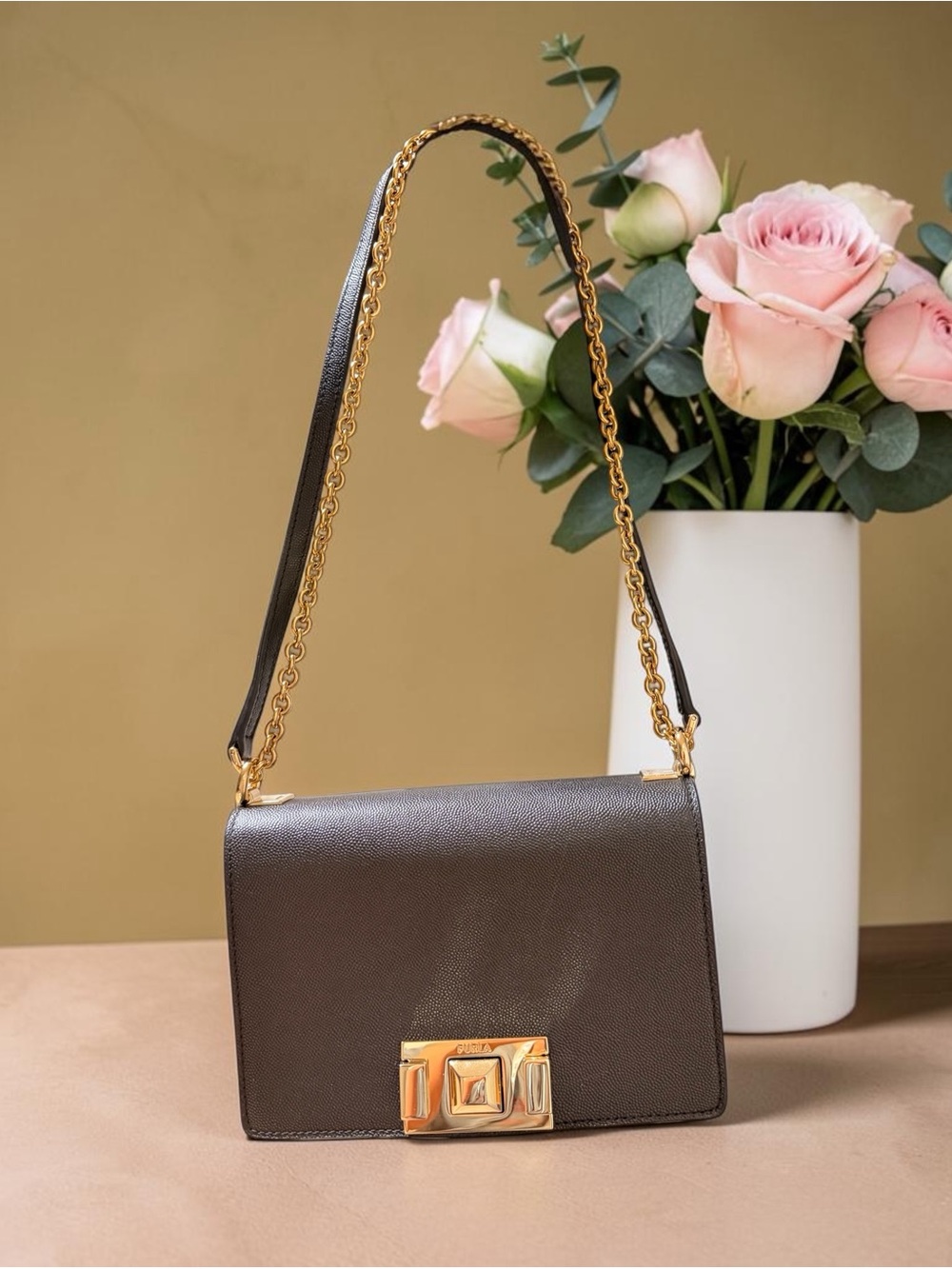 Furla Black Crossbody Bag with Gold Chain